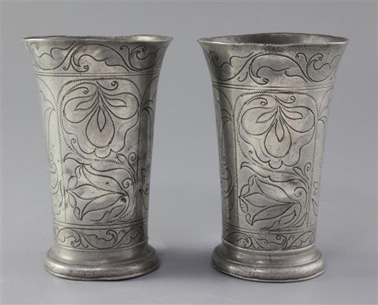 A pair of 17th century style pewter flared vases, 6.75in.